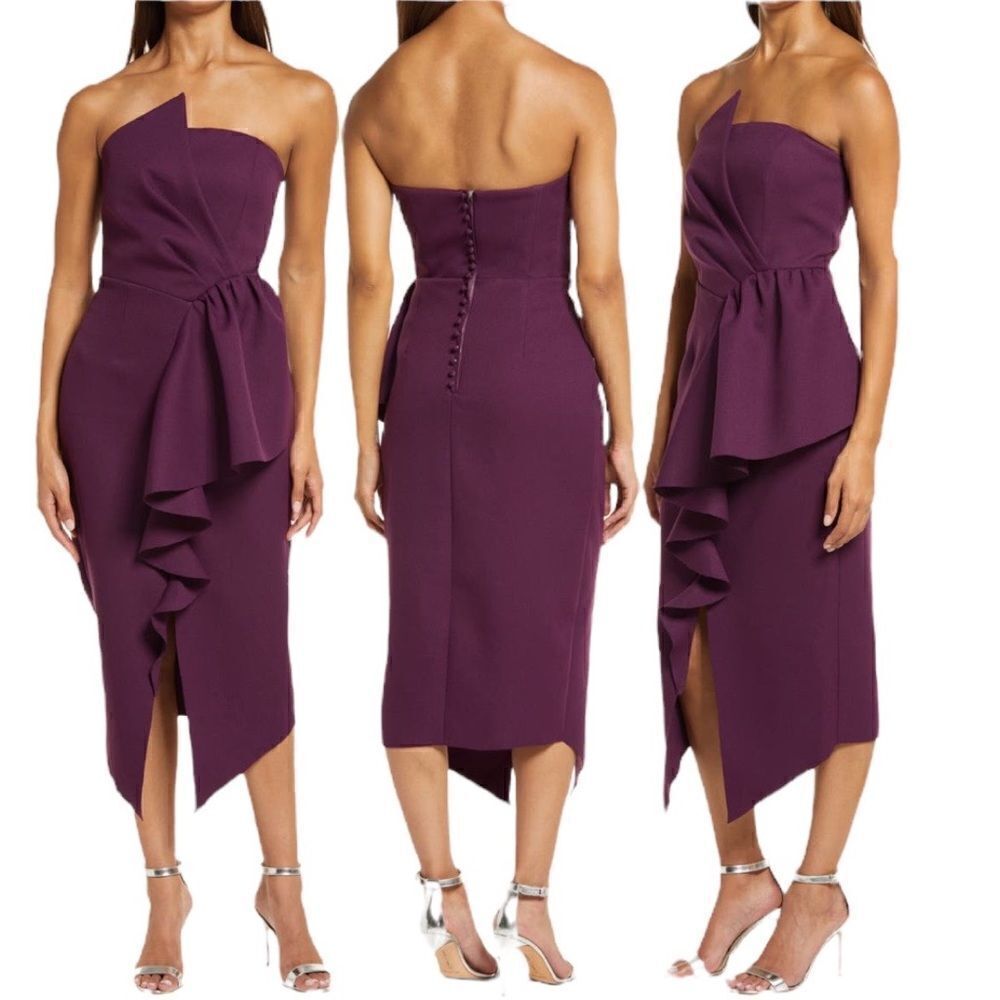 Elliatt Reception Cascade Ruffle Strapless Structured Cocktail Midi Dress Small